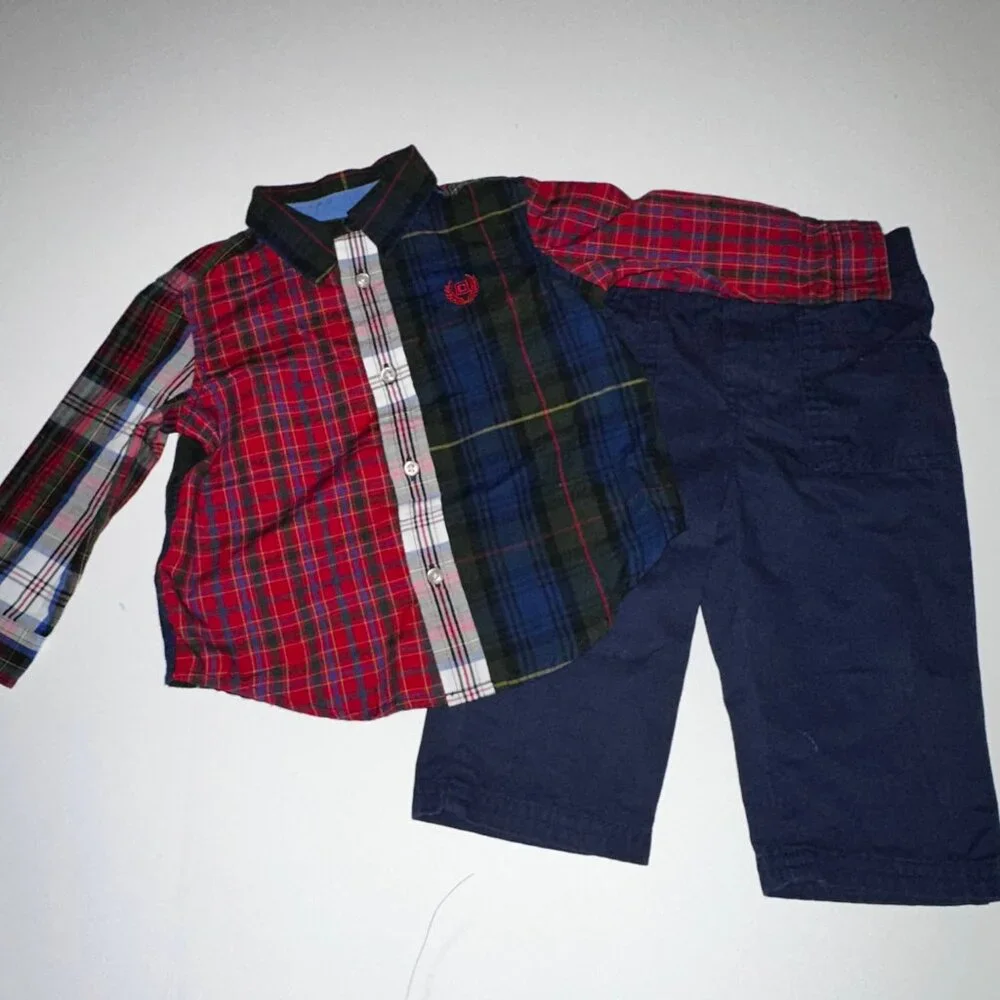 CHAPS Baby Boys 9M Shirt/Pants Set Navy Pants & blue/red plaid Shirt